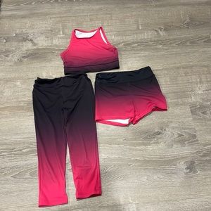3 piece dancewear set. Cropped leggings, crop tank and shorts.
